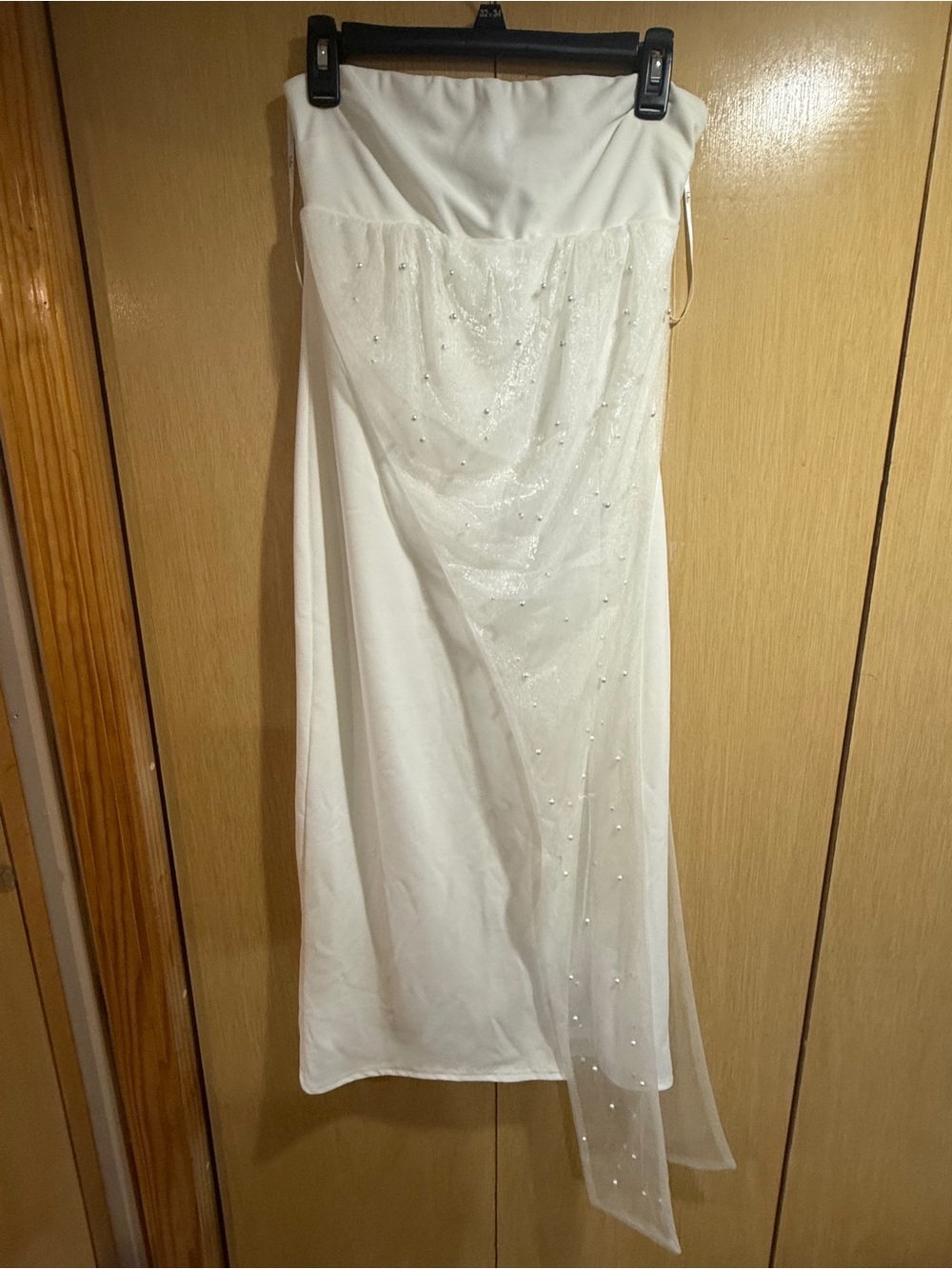 Lulu's White Strapless Beaded Draped Evening Dress